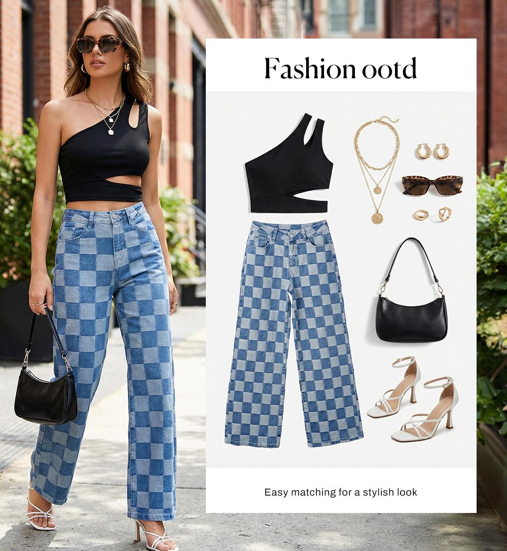 Sidefeel Women's Wide Leg Jeans High Waisted Stretchy Straight Leg Checkered Loose Denim Pants SpringStatements