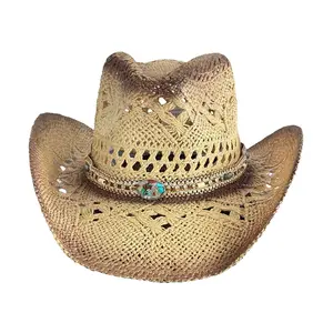 Men Women Beach Hat Breathable Western Style Cowgirl Straw Hat Stylish Wide Brim Sun Hat