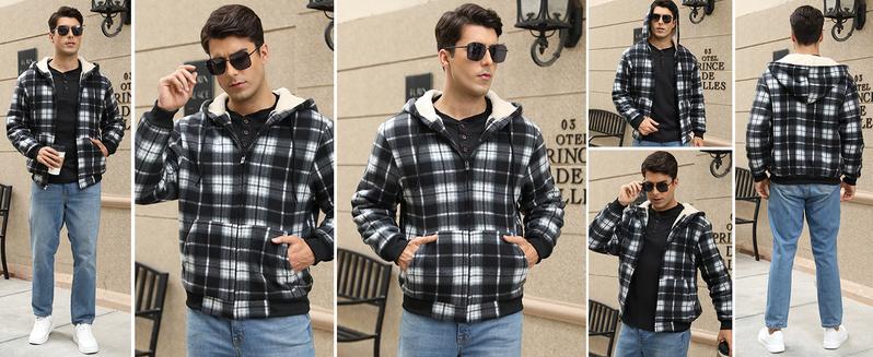 ZITY Men's Thick Plaid Fleece Lined Hooded Coat Winter Warm Shearling Full Zip Jacket with Sherpa Lining for Chilly Days Stylish Black Checked Long Sleeve Menswear Winter Outfits Men Coral