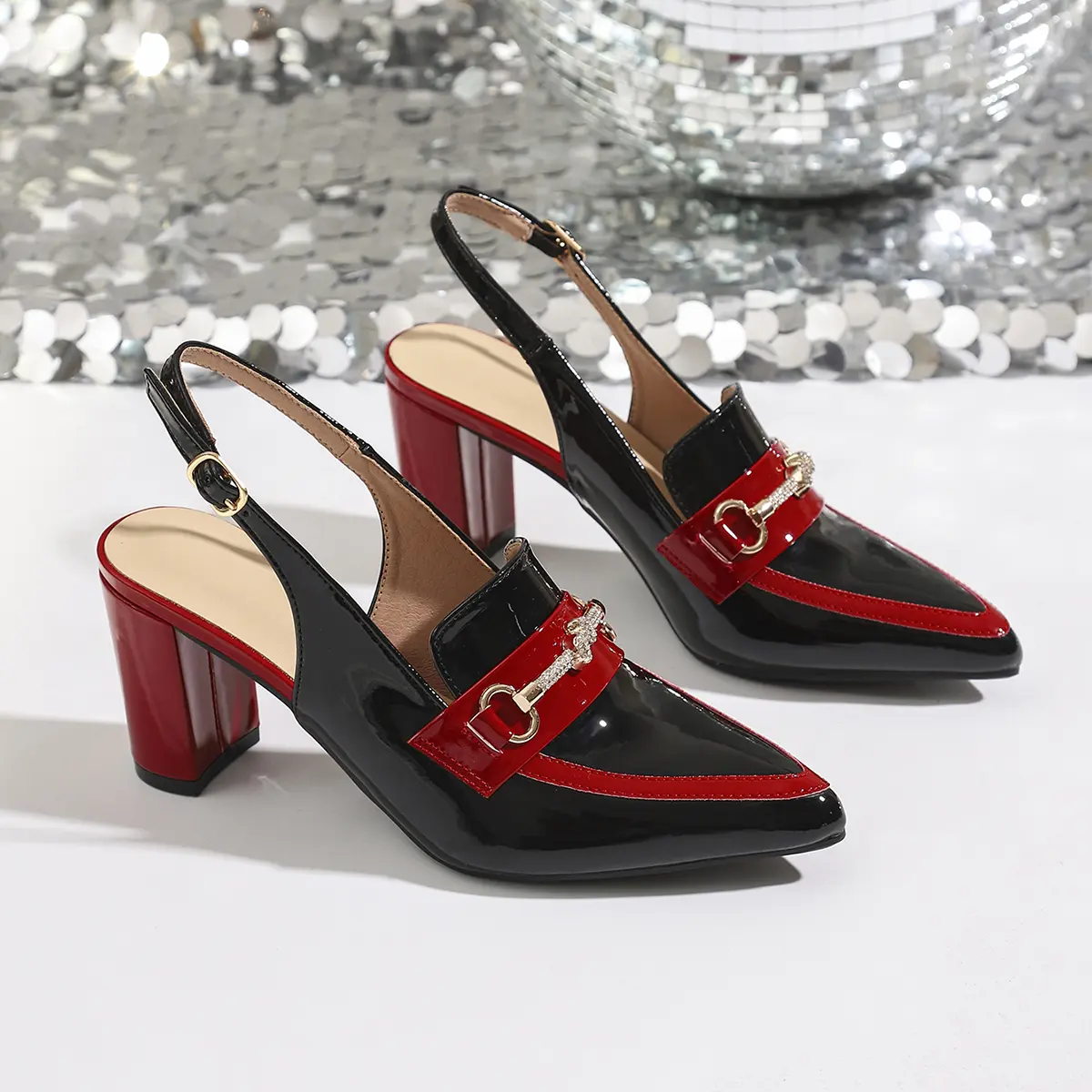 Women's Slingback Pumps, Elegant Pointed Toe Chunky Heels with a Metal Chain Detail and Adjustable Buckle for Business Office Wear, Elegant Sandals