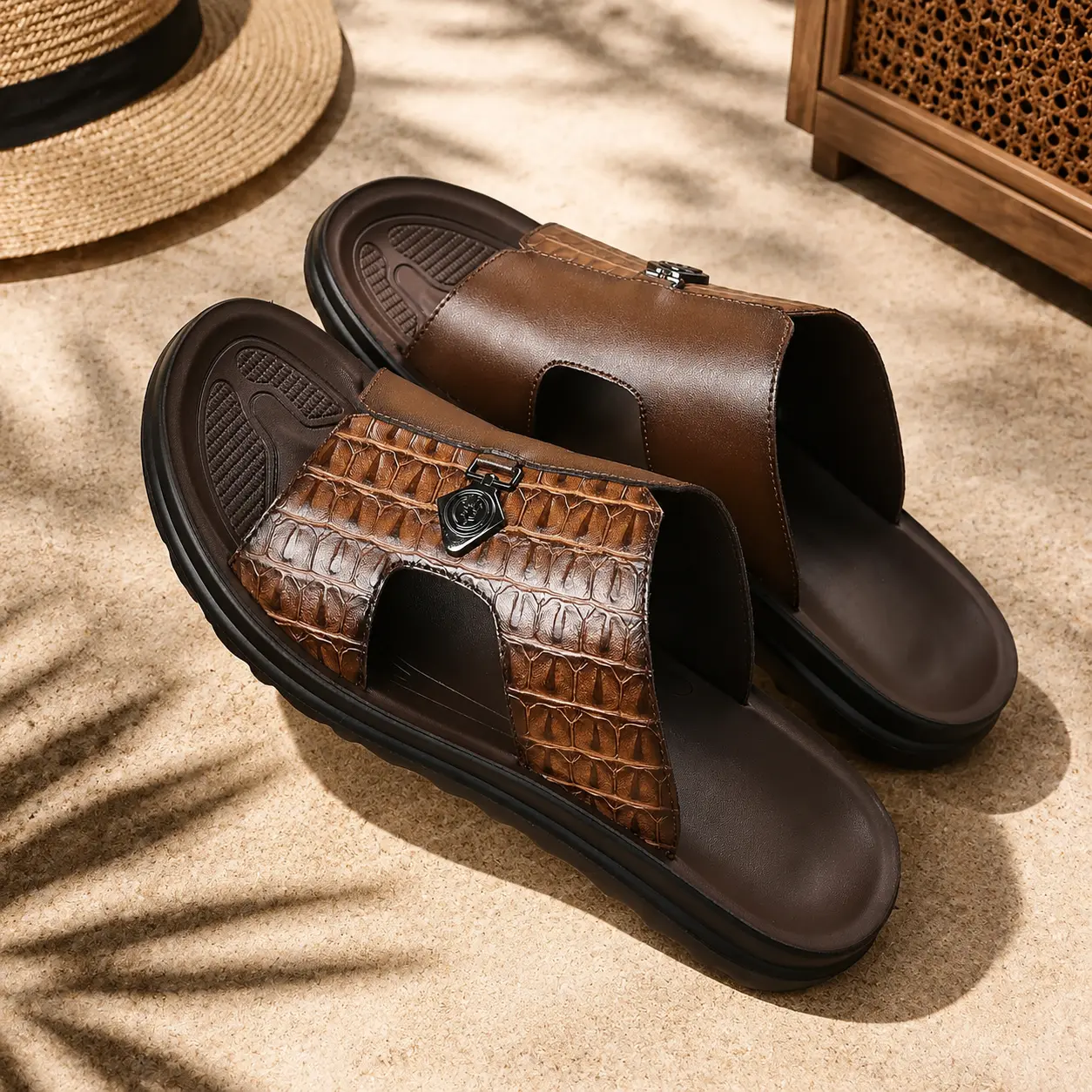 Men's Crocodile Pattern Leather Slip-On Clogs, Comfortable 2-Strap Ankle Strap Sandals for Holiday, Beach-to-Office, Indoor Use