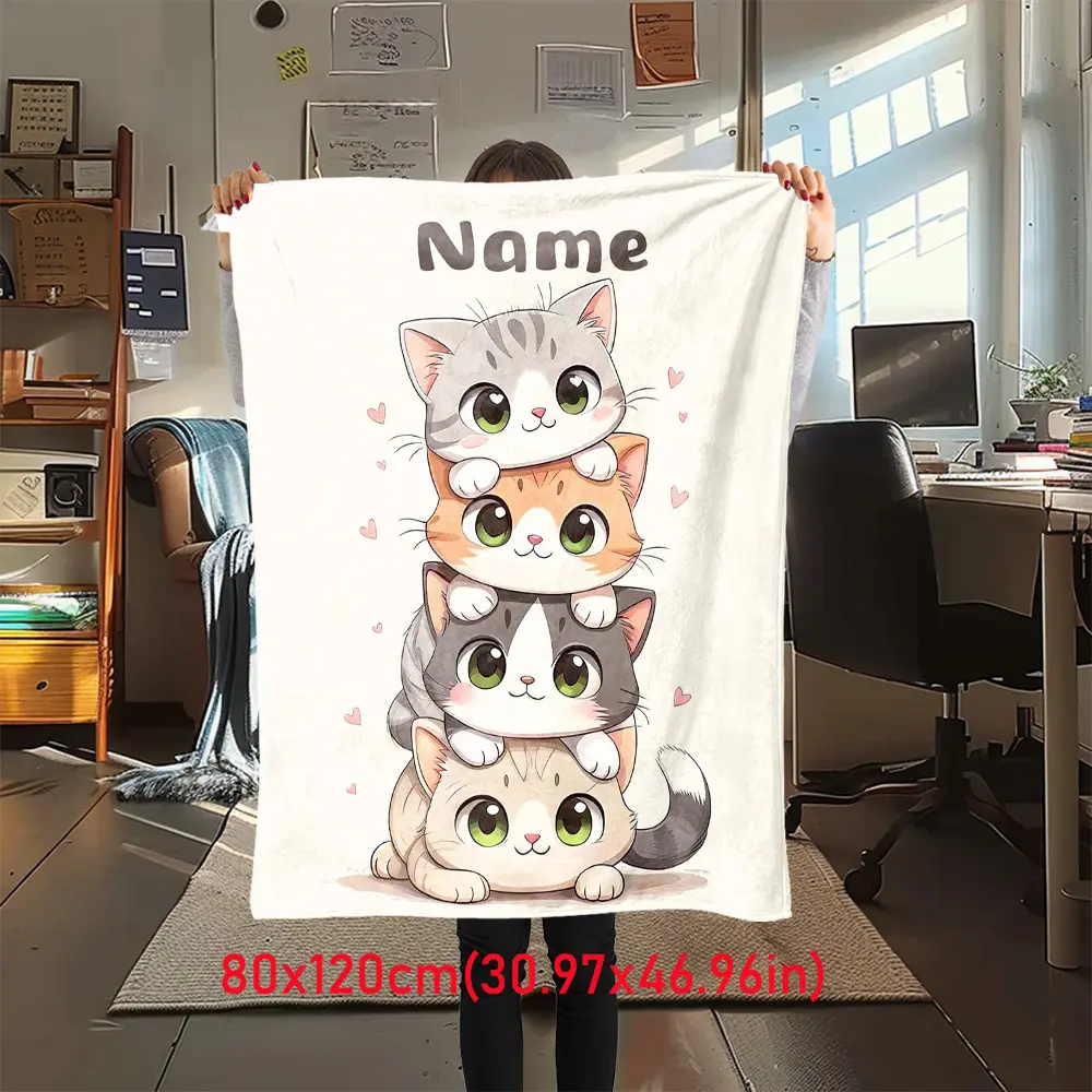 1pc Personalized Cat Name-Text Soft Flannel Blanket - Multi-Size, Wrinkle-Resistant, Full-Print, Durable, Machine Washable - No Fading Risk - Custom Gift for Pet Lovers - Christmas, Birthday Gift for Bed, Couch Use