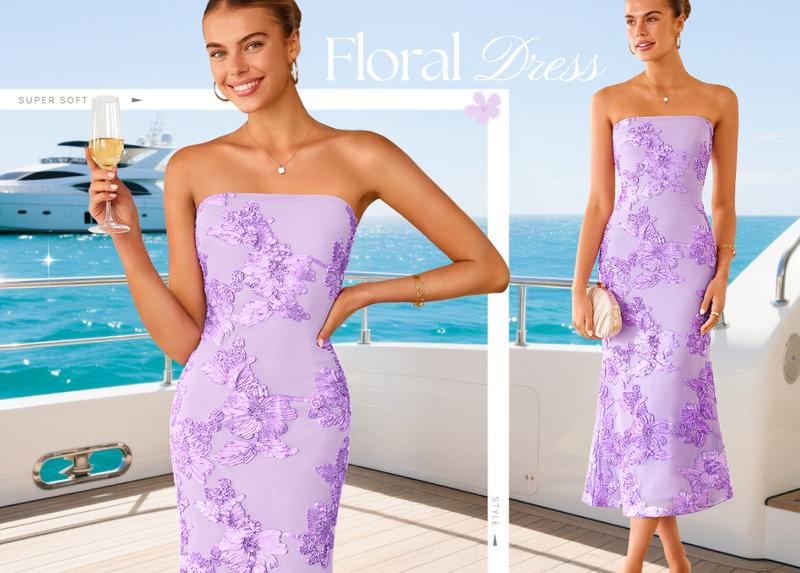 ZESICA Women's Summer Strapless Floral Midi Dress 2026 Bodycon Mesh Tube Wedding Guest Cocktail Party Long Dresses