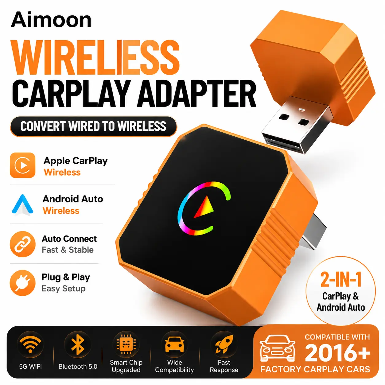 Wireless CarPlay & Android Auto Adapter Dongle, Wired to Wi-Fi Conversion for 2016+ Factory CarPlay Cars, Vehicle & Auto Accessories with USB Type A, Compatible with iPhone (Not for BMW/Tesla), Vehicle Accessories, Wireless Carplay Adapter