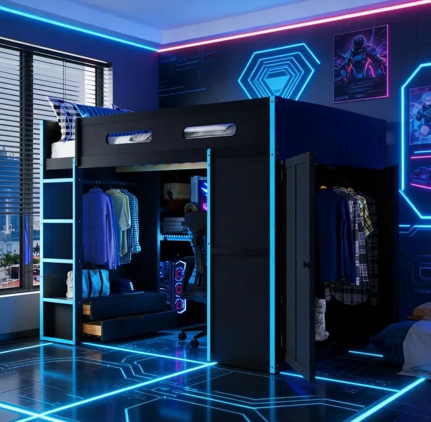 Full Size Wood Gaming Loft Bed Frame with Desk, Wardrobe, USB Port, RGB LED Light & Underneath Storage, for Kids Teens Adults Bedroom Furniture, Bed With Storage Underneath