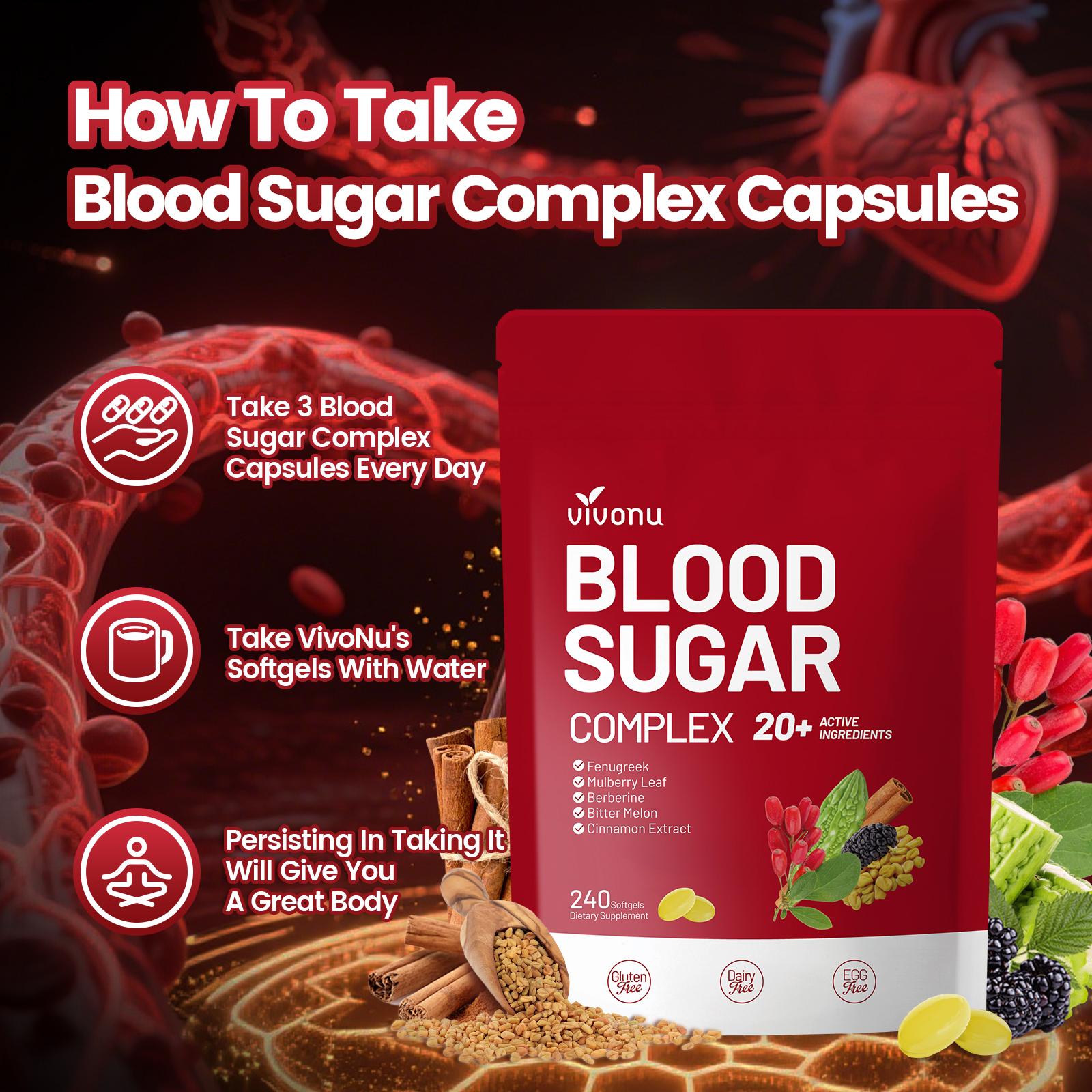 VivoNu BLOOD SUGAR COMPLEX –Blood Sugar Balance | Antioxidant Support | Metabolic Support | Enhanced Absorption | Bitter Melon + Turmeric + Cinnamon + Mulberry Leaf + Berberine + Fenugreek | 240 Capsules per Bag