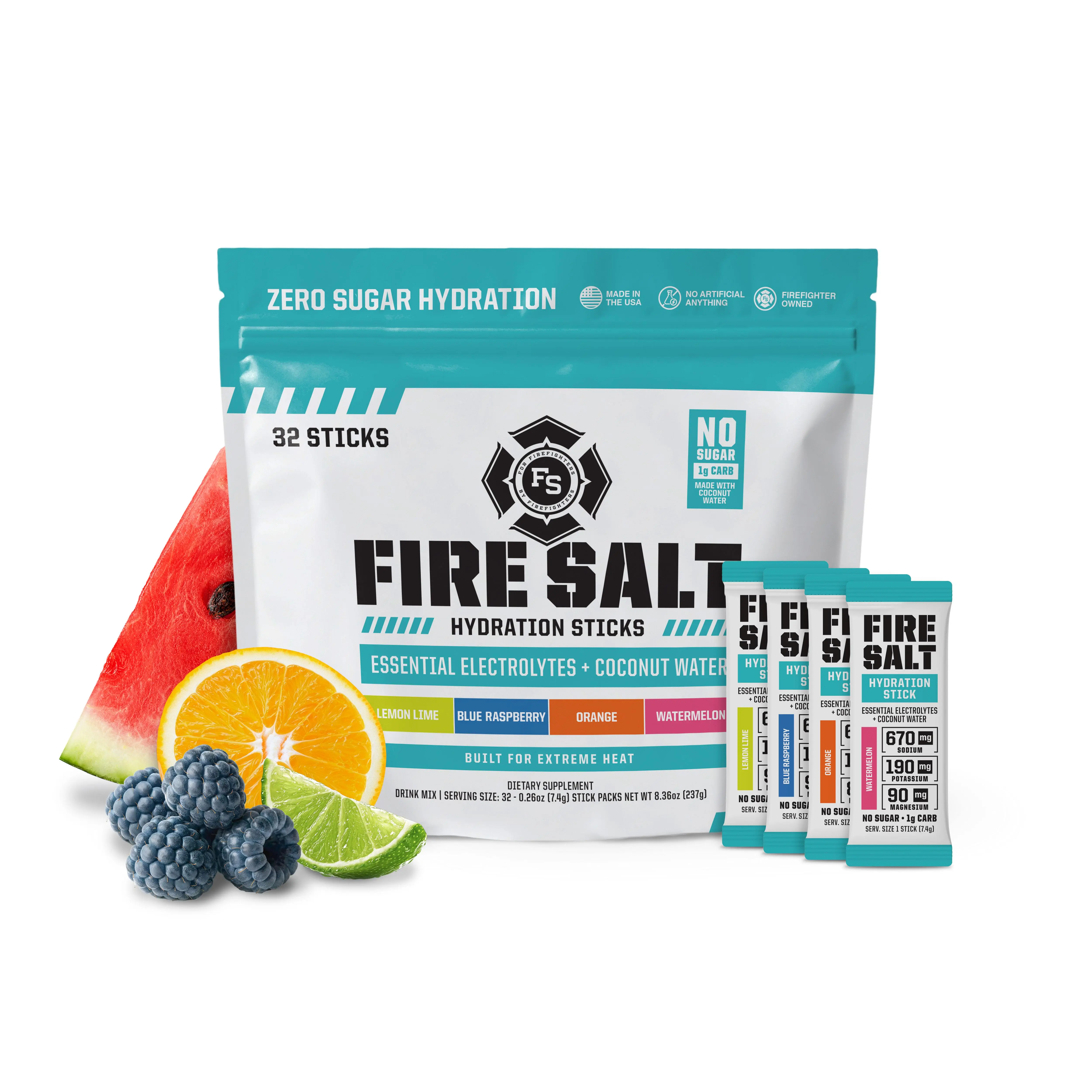 Fire Salt Electrolyte Powder Packets 32-Pack – Zero Sugar Hydration Drink Mix with Coconut Water & 3X Electrolytes – Workout, Recovery, Sauna, Endurance & Outdoors – Keto Friendly, Natural Ingredients, No Artificial Sweeteners