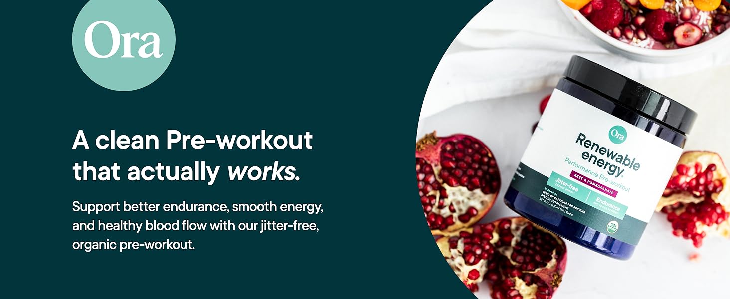 Ora Organic Pre Workout Powder for Men and Women Berry Beet Flavor- Vegan Certified Organic, Soy-Free, Dairy-Free, Gluten-Free- Provides Jitter-Free Energy Boost for Women & Men, 20 Servings