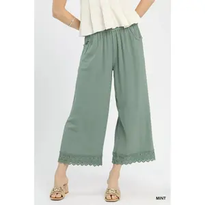 Umgee Linen Wide Leg Cropped Pants with Lace Trim