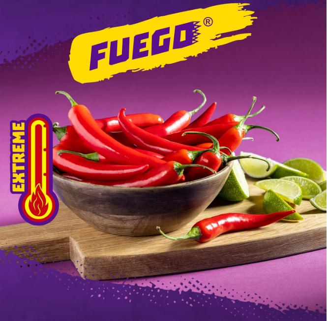 Fuego 17 oz Fiesta Size Bag, Hot Chili Pepper & Lime Flavored Extreme Spicy Rolled Tortilla Chips