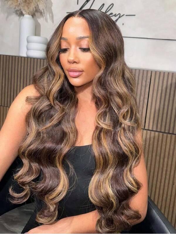 【30 Inch Only $89】Anyweek Honey Blonde Ombre Lace Front Wig Human Hair Highlight Body Wave 13x6 Lace Front Wigs Pre Plucked 180 Density Glueless HD Lace Frontal Wig for Women 4/27 Colored