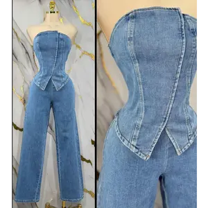 Strapless Denim Corset & Wide-Leg Pant Set