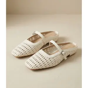 Woven Mary Jane Mules for Women, Breathable Raffia Square Toe Flats, Slip-on Summer Loafers with Adjustable Buckle Strap, Lightweight Backless Shoes for Beach, Office & Casual Wear
