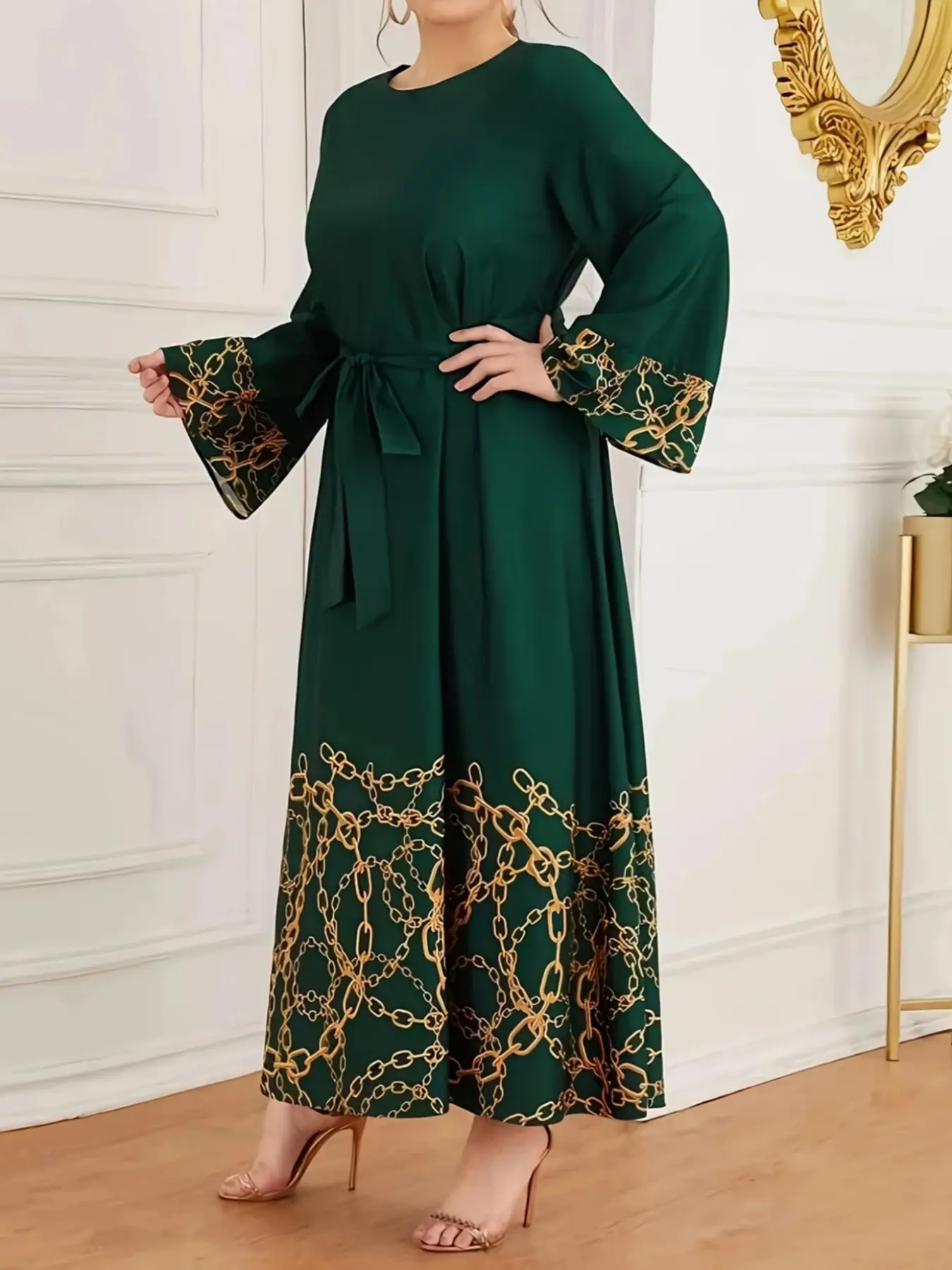 Emerald Green Modest Maxi Dress with Gold Chain Print Bell Sleeves Muslim Dresses Muslim Women Gowns Evening Dress Muslim Outfits Islamic Clothes | Perfect for Ramadan Eid