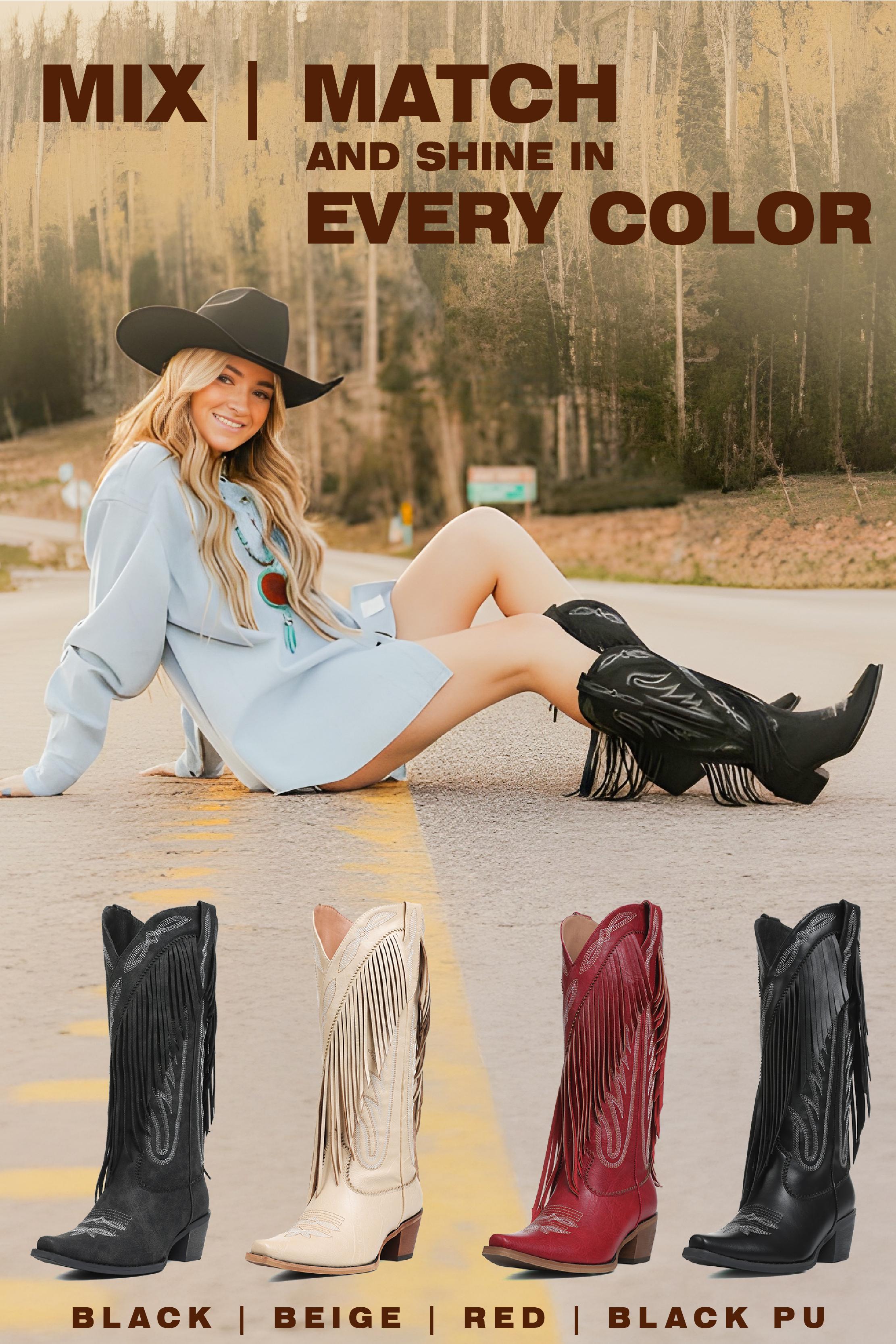 CELNEPHO Women Cowboy Boots Pointed Toe Fringe Boot Knee High Western Booties Block Heel Pull on Tabs Embroidered Retro Booties Western Wedding Cosplay Wear Gift Spring Dress Shoes