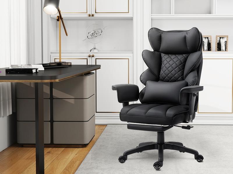 Dowinx Big and Tall Ergonomic Office Chair Executive Desk Chair with Pocket Spring Lumbar Support High-Back Adjustable Gaming Chair Removable Footrest & 3D Armrests Dual-Layered Backrest PU Leather Option