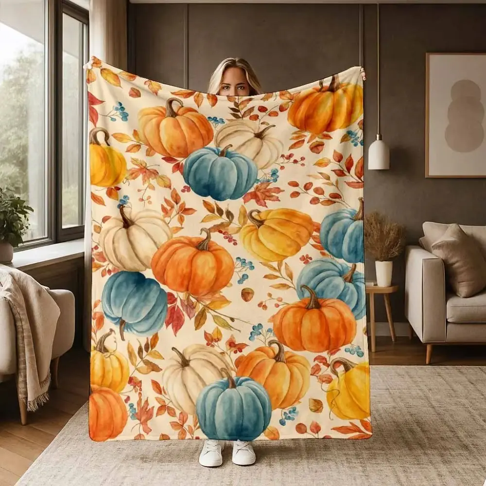 Antipilling Classic Watercolor Pumpkin-Printed Flannel Fabric Blanket - Extra Soft, Lightweight, Warm, Cozy - for Home, Travel (Sofa, Bed, Gifting)