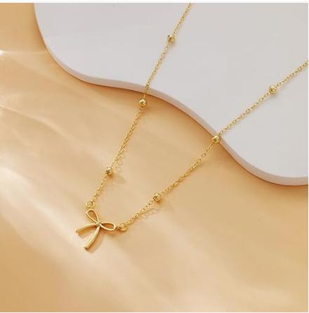 17KM 14K Gold Plated Bow Necklace for Women - Dainty Tiny Cute Bow Pendant Choker Chain - Adjustable Length with Lobster Clasp - Trendy Jewelry Gift