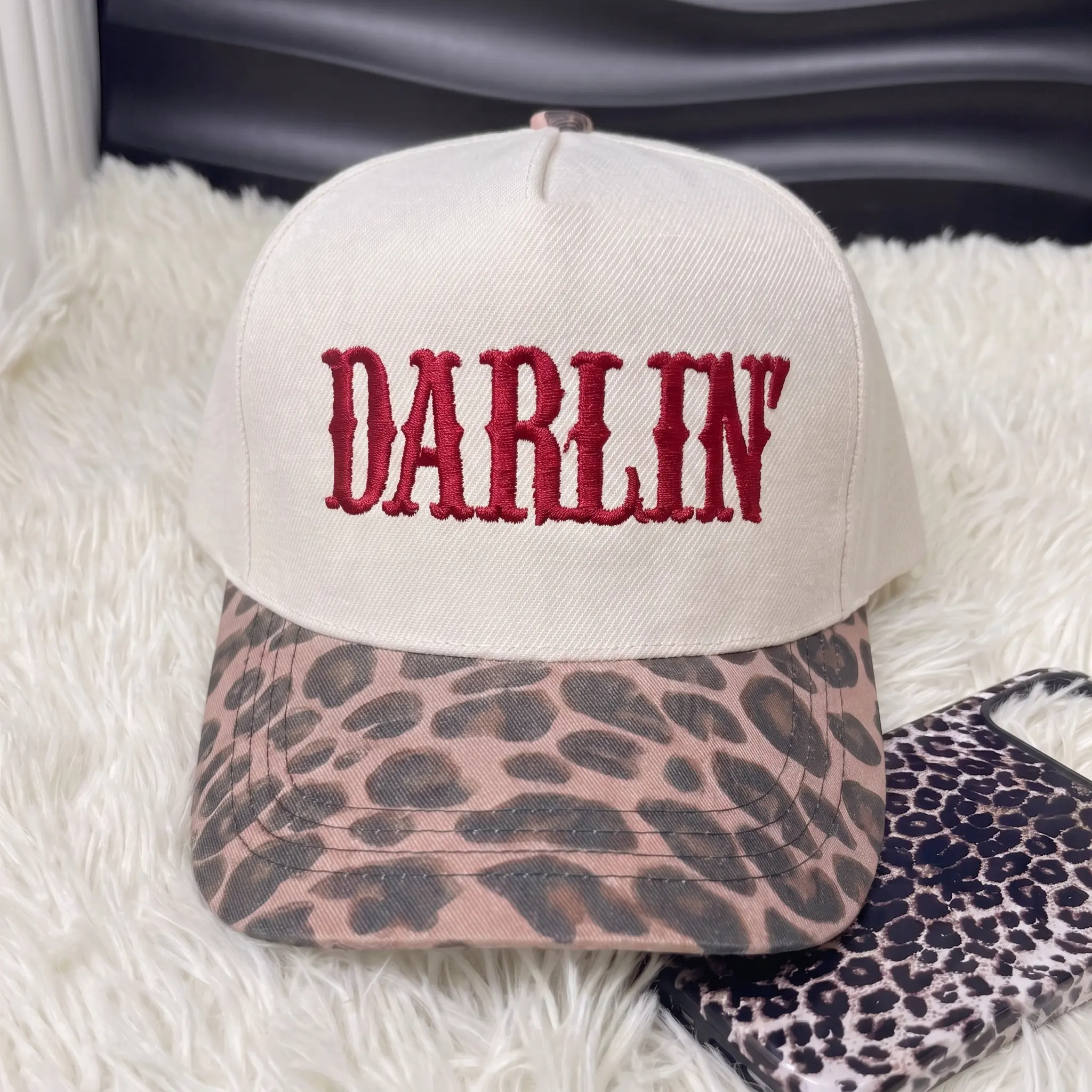 Darlin' Leopard Brim Embroidered Trucker Hat, Western Cowgirl Hat, Leopard Brim Country Cap, Trendy Snapback