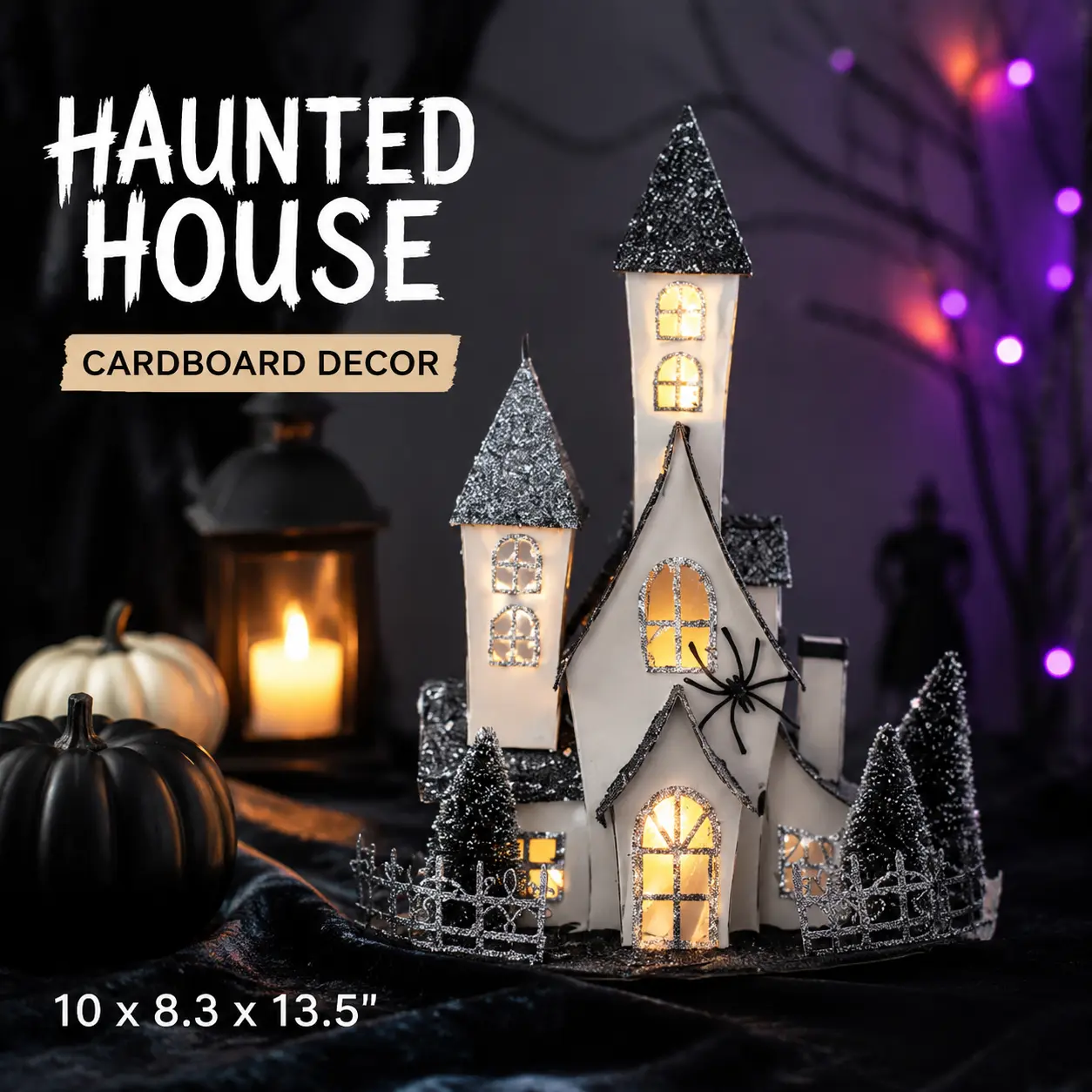 littleox 10x8.3x13.5" Cardboard Lighted Haunted House, Black Beige Tabletop holiday halloween decor, Battery Powered
