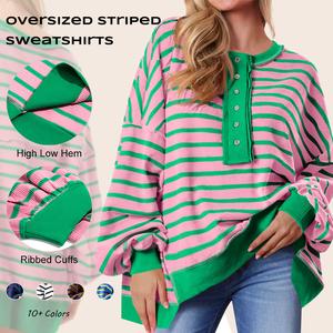 Imily Bela Womens Oversized Striped Sweatshirts Henley Shirts Color Block Casual Pullover Waffle Knit Tops