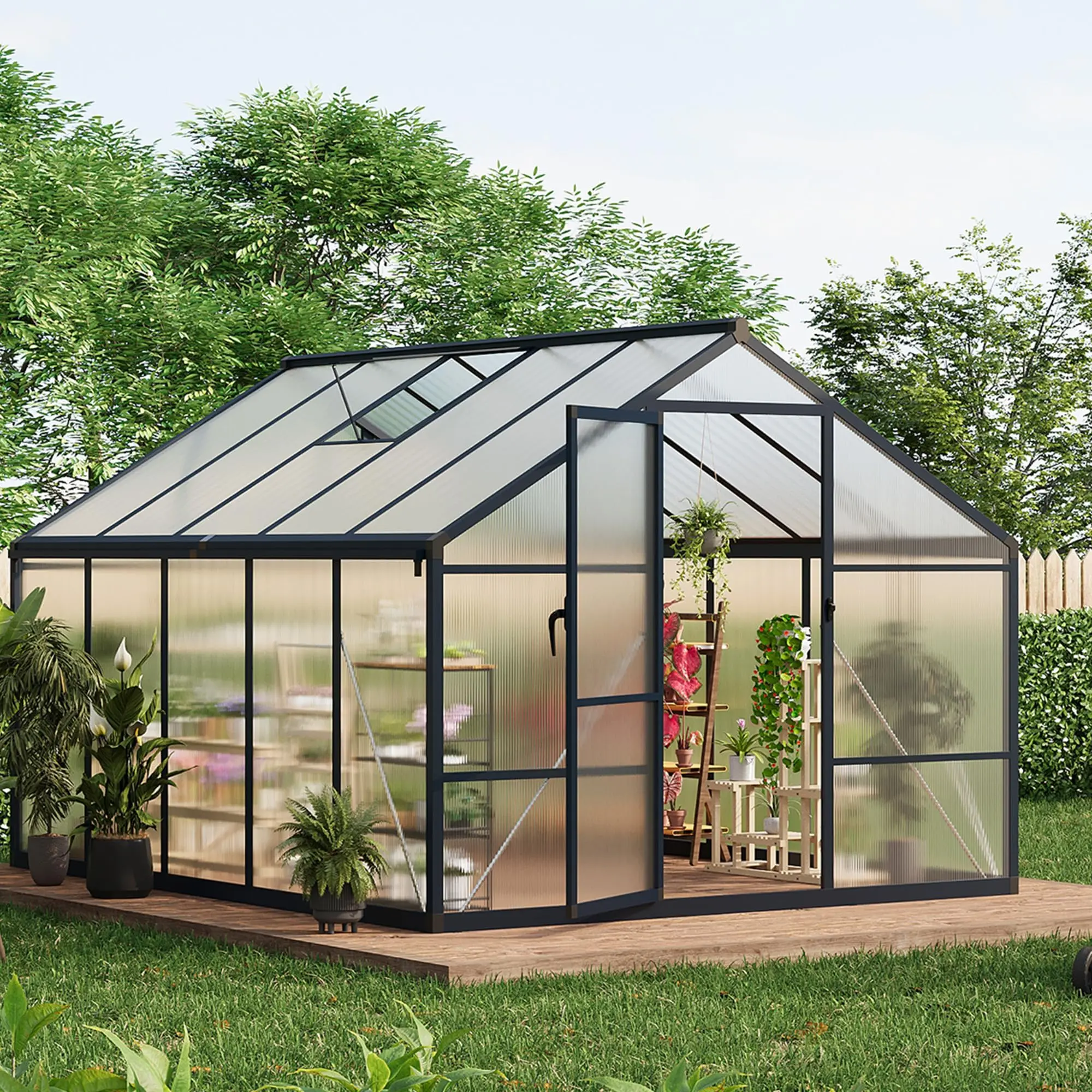 GAOMON 8x10ft Dark Grey Outdoor Heavy-Duty Polycarbonate Walk-In Greenhouse - Heavy-Duty Frame, Roof Vent, Lockable Outward-Opening Swing Door, Weather Resistant, Airflow Regulation, Assembly Required, for Garden, Backyard