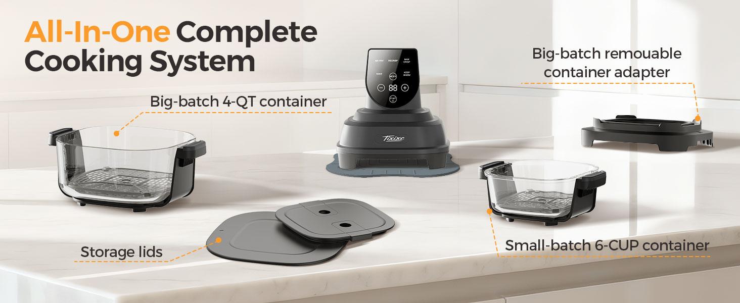 1500W 5-in-1 Glass Air Fryer Non-Toxic - 4Qt Pot+6Cup Container with Lid & Dust Cover, Portable Smart Kitchen Appliance Silicone Pad Included