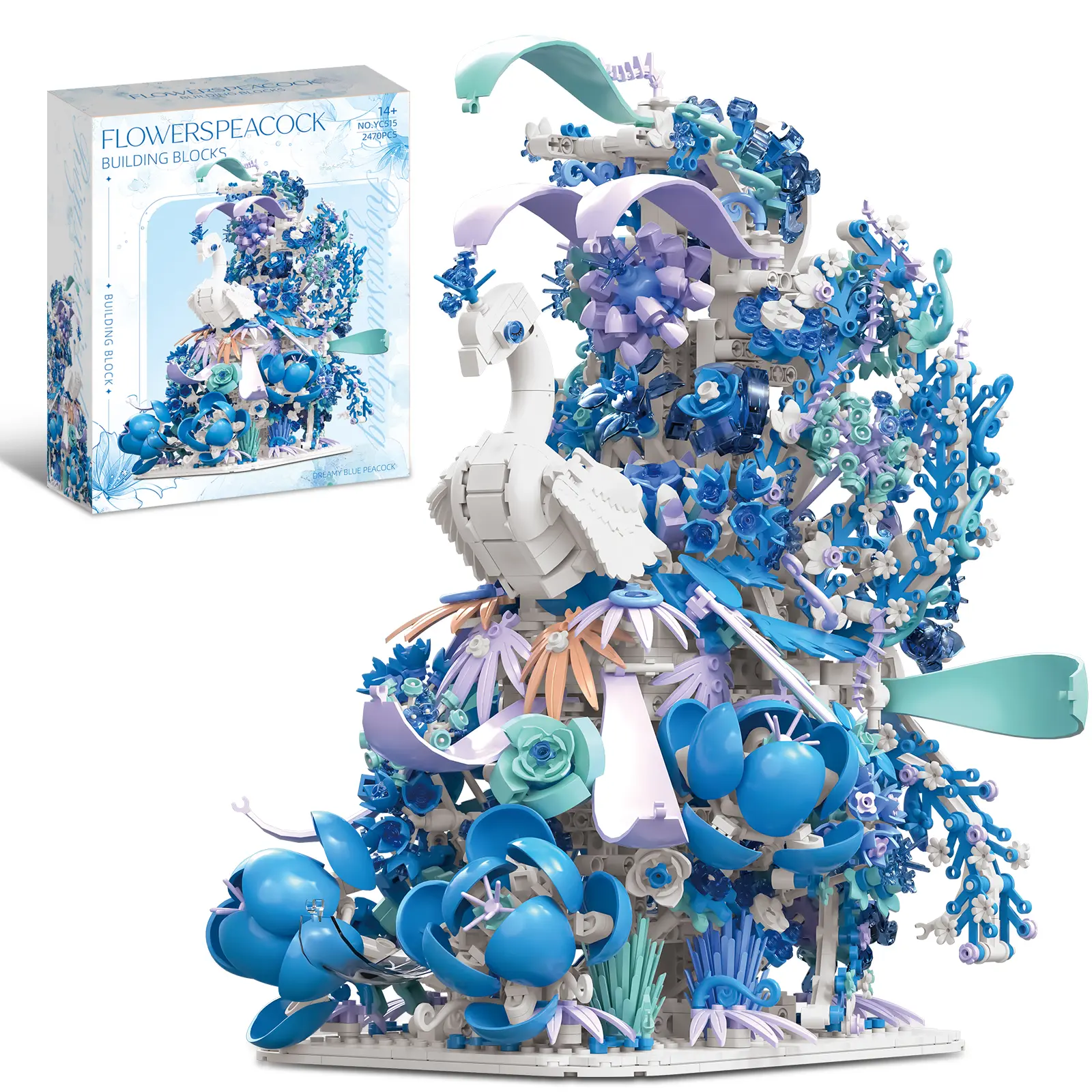 【Mother's Day gift】Peacock Blue Floral Building Blocks Set 2470pcs Roses Baby's Breath Artificial Botanical Collection for Home Office Shelf Decor Gift for Women Adults Valentine's Day Mother's Day diy flower decor play holiday party mini