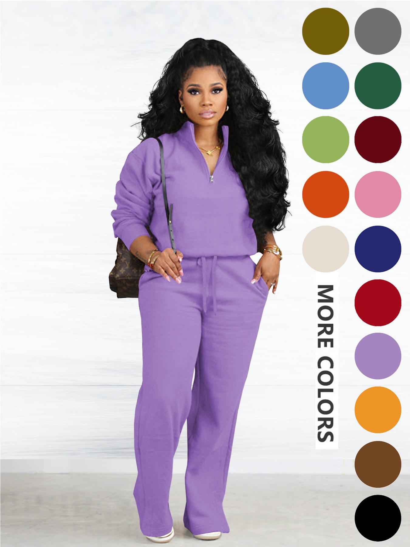 Women's Two-piece Set Solid Zip Up Funnel Neck Sweatshirt & Drawstring Waist Pants Casual Fall Winter Workout Sets Cozy Drop Shoulder Long Sleeve Top Pocket Trousers for Daily Outdoor Wear