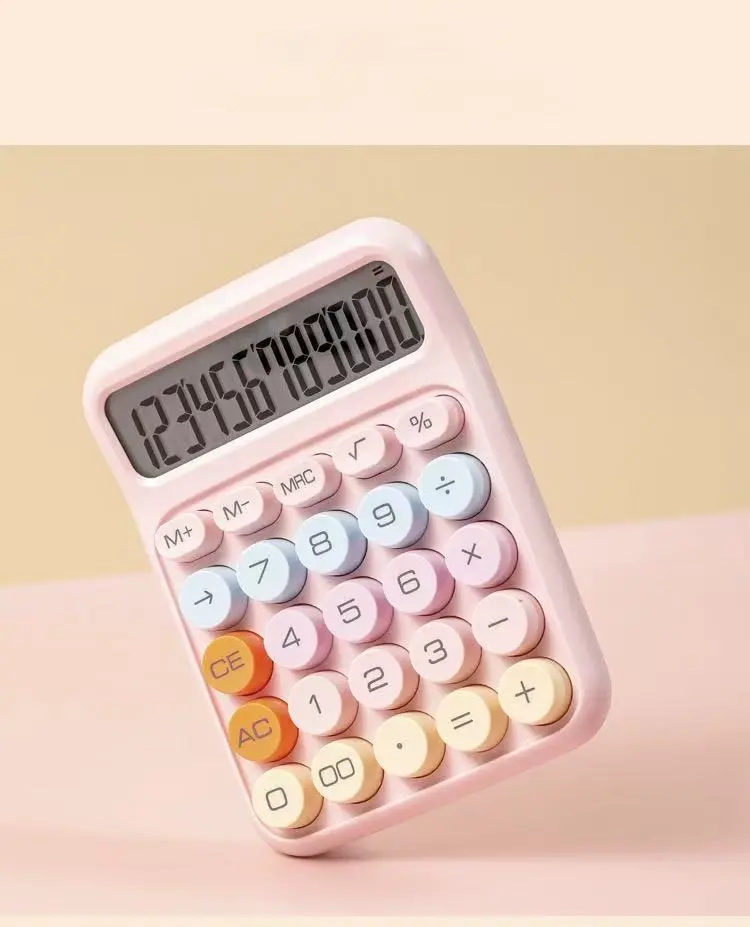 12-Digit Desktop Calculator, Pastel Pink Aesthetic Calculator with Large Round Buttons, Battery Operated Calculator (Battery Not Included) for Home Office Desk Supplies
