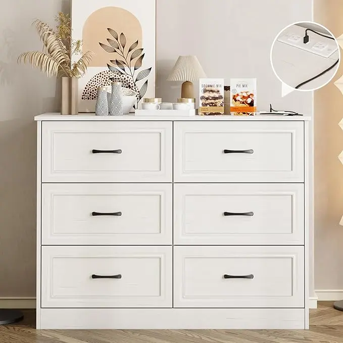 [tiktokshopbacktoschool] Vabches 6-Drawer Lockable Dresser, Modern Farmhouse Sturdy Wood Storage Cabinet with Metal Handles, Charging Station & Decor Items for Bedroom, Hallway,dorm essentials,home decor