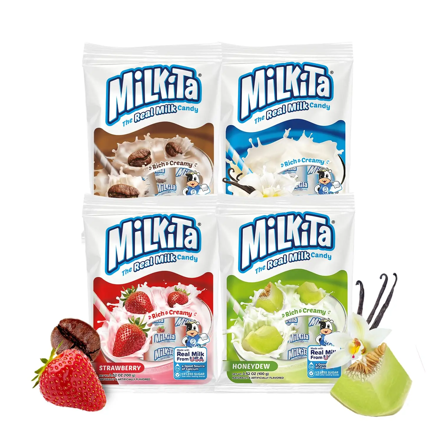 Milk Candy Variety Pack 4 Bags: Milkita Creamy Real Milk Candy, Vanilla, Strawberry, Honeydew & Cappuccino Flavored - Low Sugar Assorted Candy, Gluten-Free and Individually Wrapped for Candy Bowls, Office Snacks & Party Favors