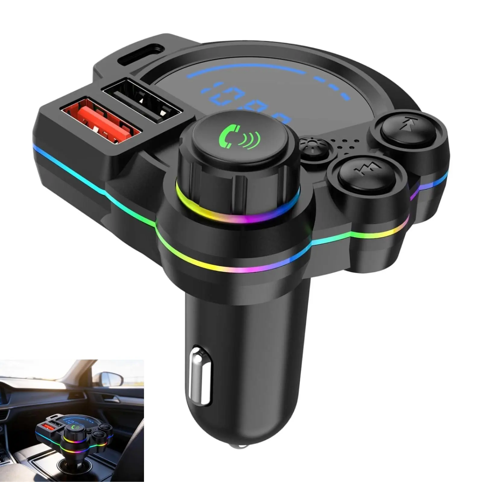 Multifunctional Bluetooth 5.3 FM Transmitter Car Charger - Dual USB Ports Fast Charging, LED Screen, RGB Lights, Hands-Free Calling Vehicle Accessory for Cars, Auto Accessories