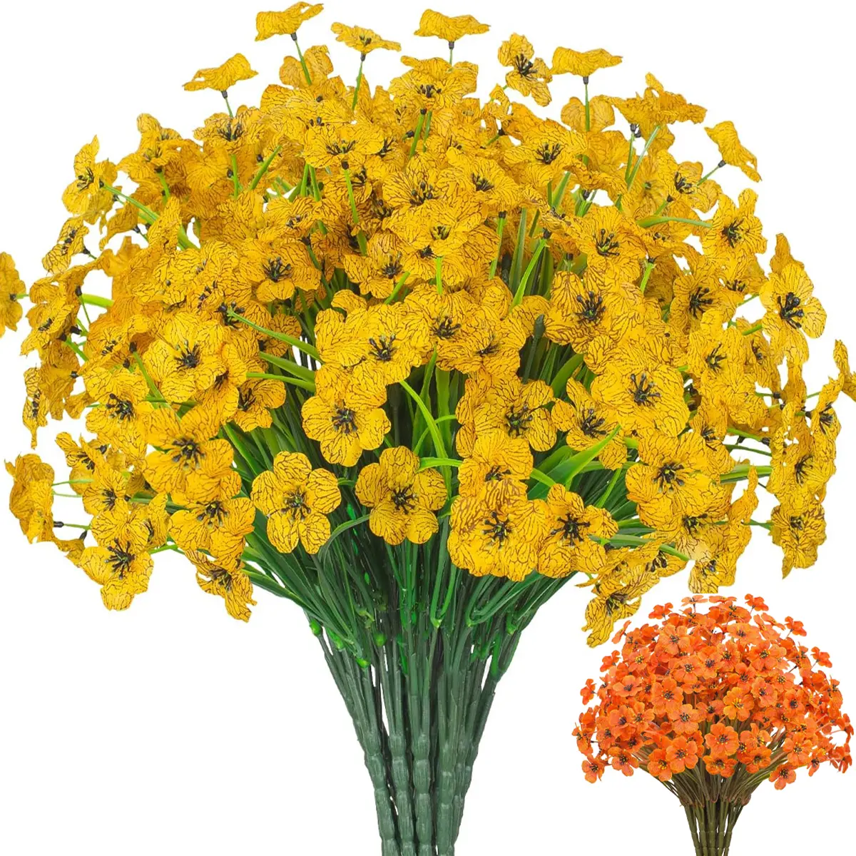 12-Bundle Artificial Flowers Decorative Bouquet, 14 in UV-Resistant Eucalyptus & Violet Stems, Accessories Bundle Artificial Flowers for Outdoor Gardens & Indoor Home Decor (Fall Orange/Yellow)