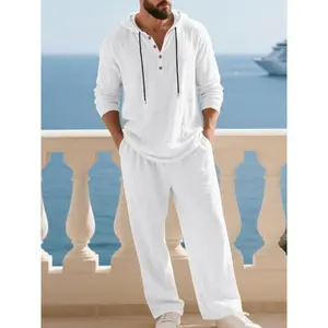 Men's Trendy Linen Hooded Two-Piece Set, Casual Vacation Style, Loose Fit Breathable Fabric, Hoodie & Wide-Leg Pants, Spring & Fall Wear