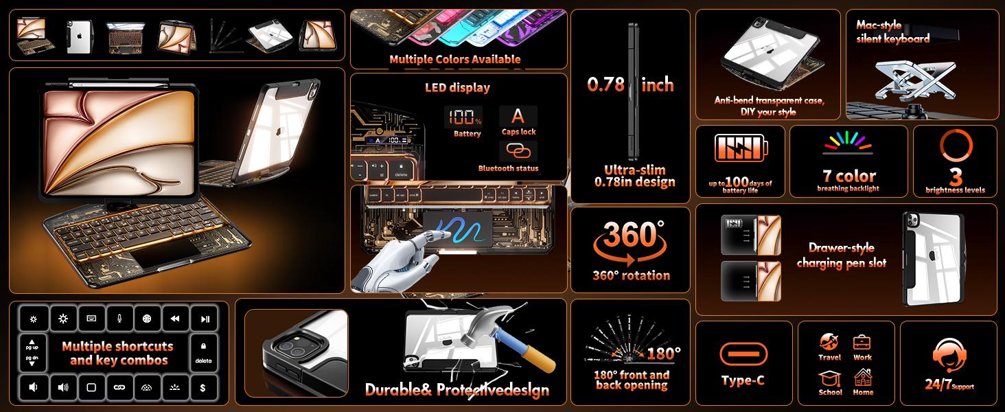 NAIDUN Portable Swivel Transparent Bluetooth Keyboard Case, Multi-Touch Tablet Keyboard for iPad, Portable Keyboard