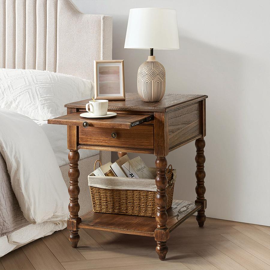 Hulala Ira 26" Tall Farmhouse Solid Wood End Table with Built-in Charging Outlets, Computer Tray and Extendable Tray, Built-in Charging Outlets, Traditional and Farmhouse Style, Solid Wood Construction, Versatile Functionality