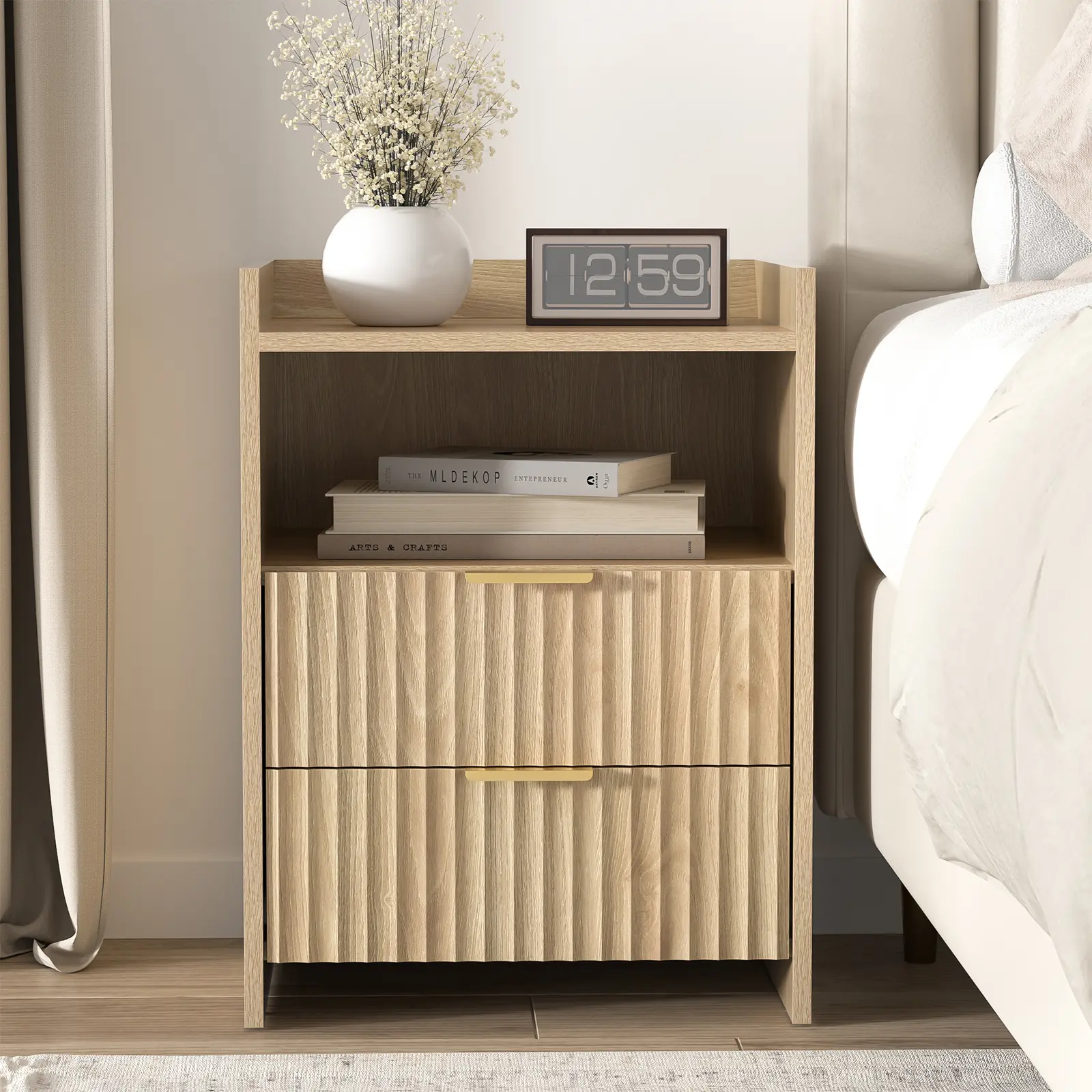 Dxiuivk Wave Texture Nightstand, 2-Drawer and Open Shelf, Solid 15mm ...