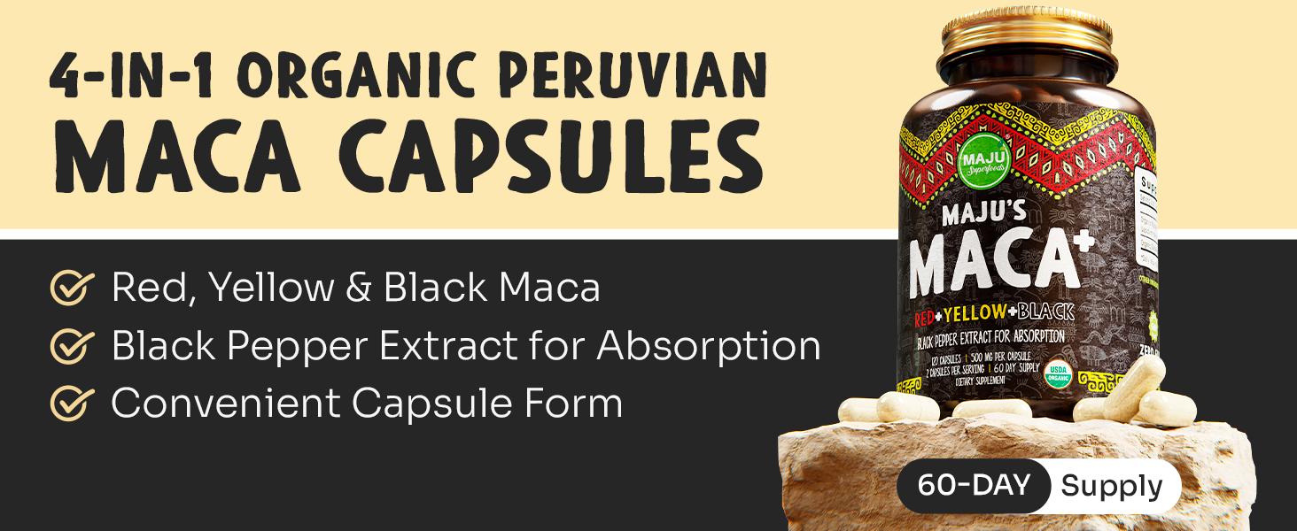 MAJU Organic Maca Capsules (120ct) - Edible Vegetarian Dietary Supplement, Red, Yellow, & Black Maca, Hormone, Healthcare, Optimum Stamina & Fitness MAJU Organic Maca Capsules (120ct) - Edible Vegetarian Dietary Supplement, Red, Yellow, & Black Maca, Hormone, Healthcare, Optimum Stamina & Fitness