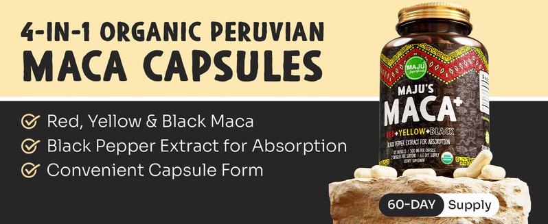 MAJU Organic Maca Capsules (120ct) - Edible Vegetarian Dietary Supplement, Red, Yellow, & Black Maca, Hormone, Healthcare, Optimum Stamina & Fitness