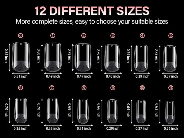 AILLSA Short Square Nail Tips Full Cover Clear NailTips Acrylic Pre-Filed Fake Press on for Extension Home DIY Salon Manicure 216PCS 12 Sizes