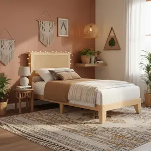 Twin Size Rattan Bed Frame, Rattan Bed Frame with LED Light & Natural Headboard, Boho, Storage Space Underneth, Sturdy Wooden Slats Support, No Box Spring Needed