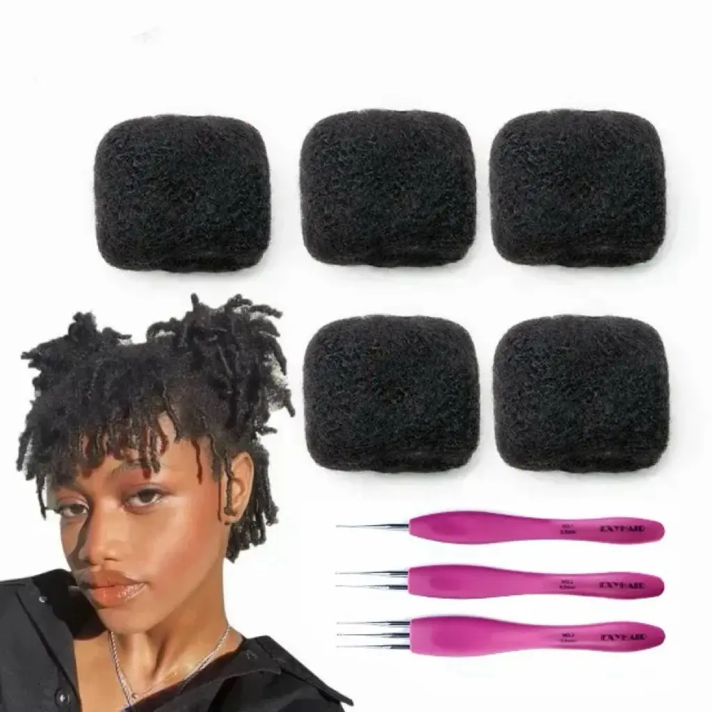 Exyhair Human Hair Bulk Bundle, 5 Packs 150g Tight Afro Kinky Twist Extensions for Dreadlock Use & Braiding, Crochet Hook Set