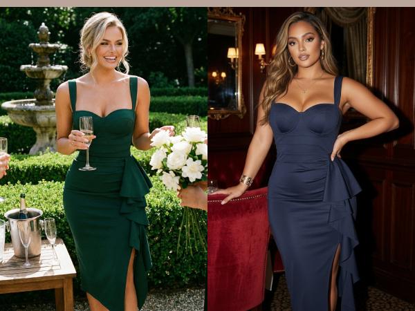 Curvysweet SDK0542A Elegant Spaghetti Strap Bodycon Midi Dress with Ruffled Split Hem & Molded Cups — Perfect for Cocktail Parties, Wedding Guests, Birthdays & Date Nights