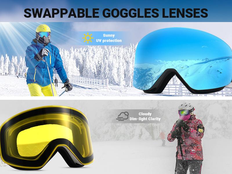 MEELOOG Ski Goggles Frameless OTG Snowboard Goggles Anti-fog 100% UV400 Protection for Men Women with Double-layer Magnetic Lenses & Night vision lenses & Non-slip Strap