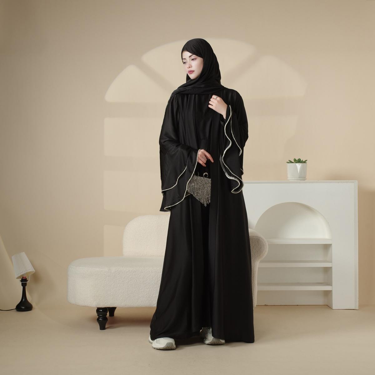 Elegant Satin Crepe Ruffle Sleeve Abaya Set 5-Piece Modest Dress with Belt, Hijab, Inner Dress & Triangle Skirt | Luxurious Full-Length Design, Side Pockets, Customizable Sizes | Perfect for Ramadan, Eid,MOA033