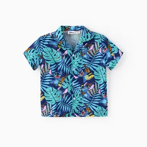 Disney Stitch Boys Hawaiian Shirt - Short Sleeve Button Down Tropical Print Shirt for Kids, Summer Beach Casual Aloha Shirt with Ukulele & Palm Leaf Pattern, Official Lilo & Stitch Character Apparel