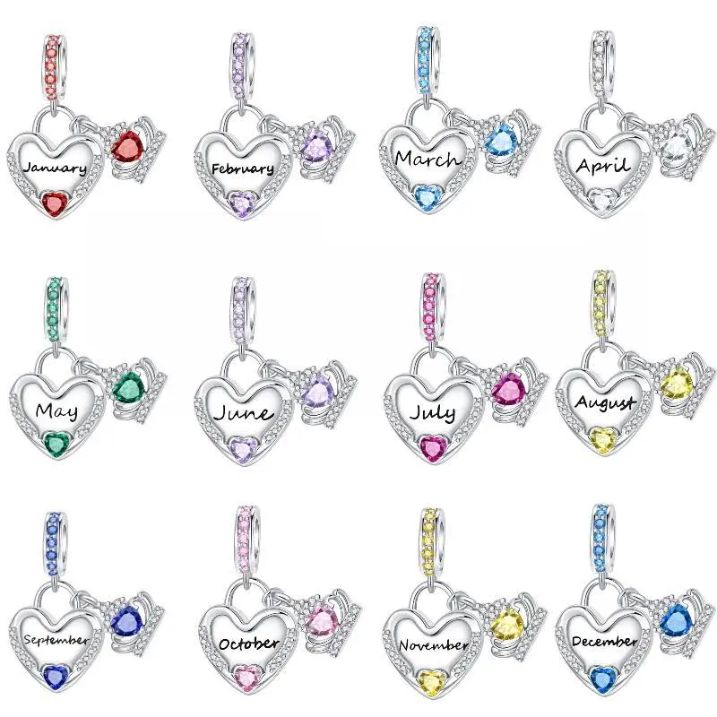 925 Silver-Plated Heart Birthstone Charms - DIY Pendants with Cubic Zircon Crowns, Bracelet & Necklace Compatible, Ideal Birthday Gift for Jewelry Enthusiasts