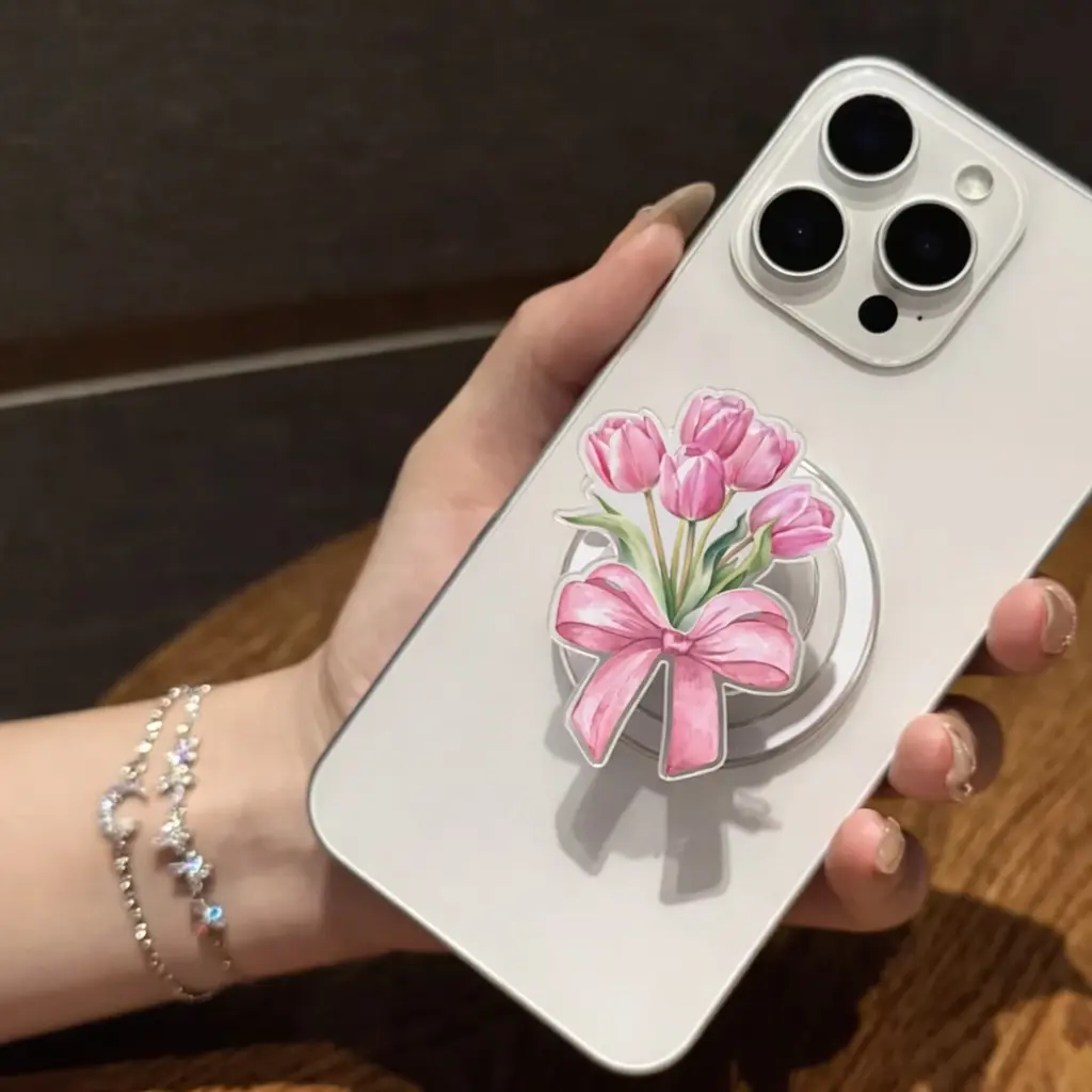 Cute Pink Tulip Bow MagSafe Phone Grip – Magnetic Pop Socket & Kickstand – Floral Phone Accessory