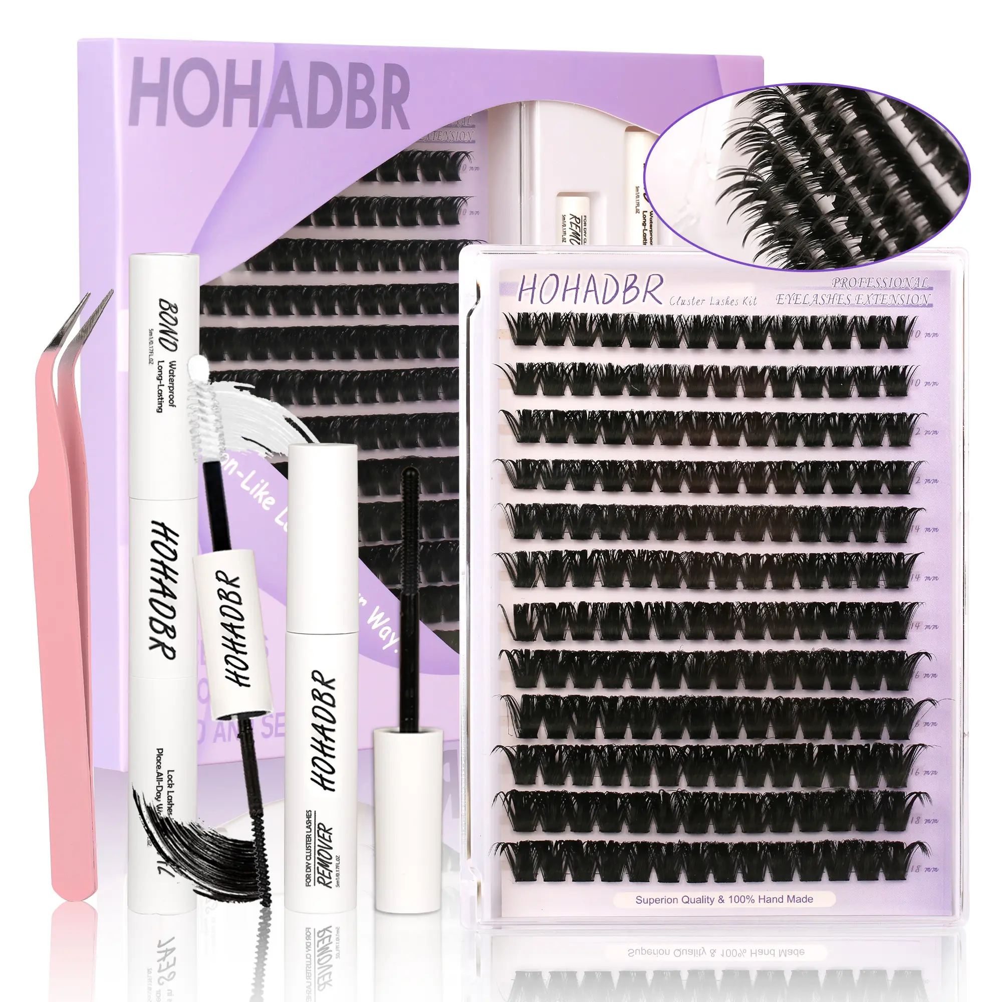 HOHADBR Lash Extension Kit with Soft Wispy Lash Clusters, Long-Lasting Wear for Beginners, Complete DIY Set with Glue, Remover & Tweezer, Beauty Products, Eyelash Glue Extension, Diy Lash Tools,back to school